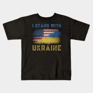 I STAND WITH UKRAINE - US FLAG UKRAINE FLAG RETRO DISTRESSED GRUNGE Kids T-Shirt